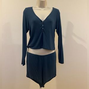 VICTORIA’s SECRET Ribbed Modal Henley Short Set | Blue | Large |